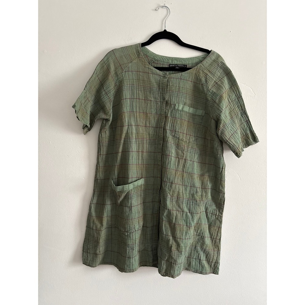 Gudrun Sjoden Green Plaid Cotton Linen Pockets Tunic Top Large Lagenlook Boho